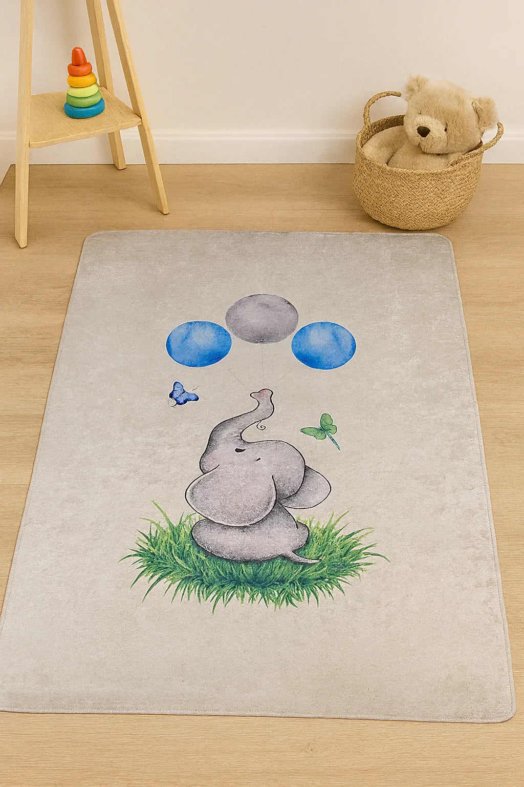 Balonlu Fil Desenli Gri Yıkanabilir Çocuk Halısı