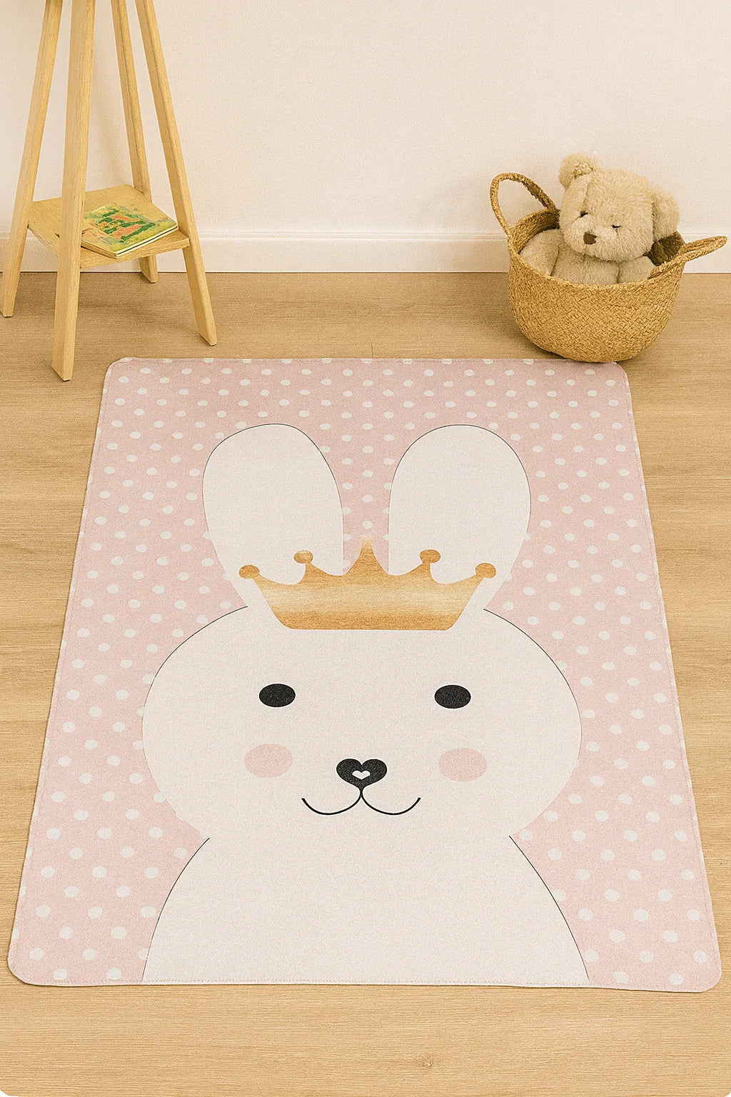 Taçlı Tavşan Desenli Pembe Yıkanabilir Çocuk Halısı