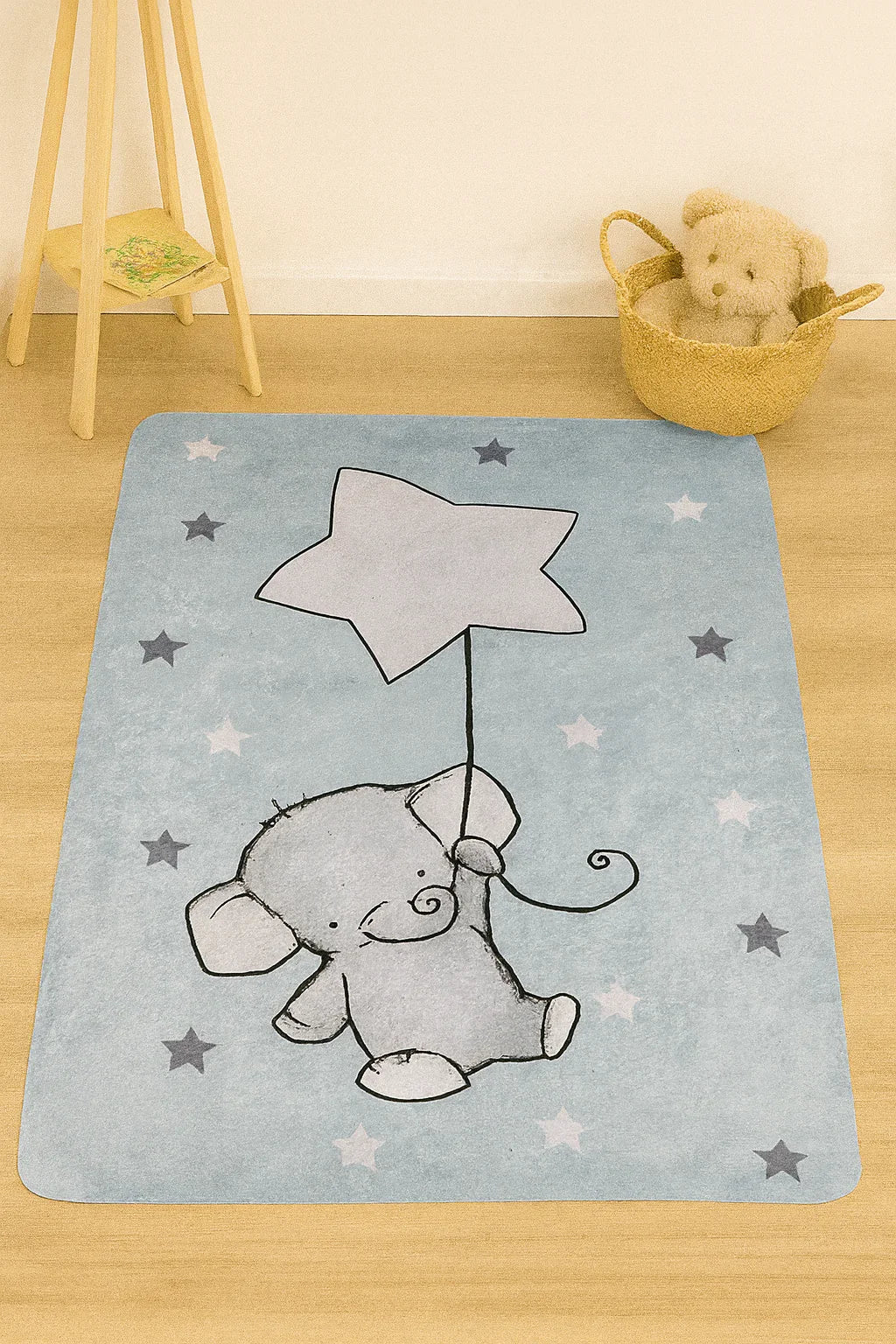 Gri Mavi Fil ve Yıldız Desenli Yıkanabilir Çocuk Halısı
