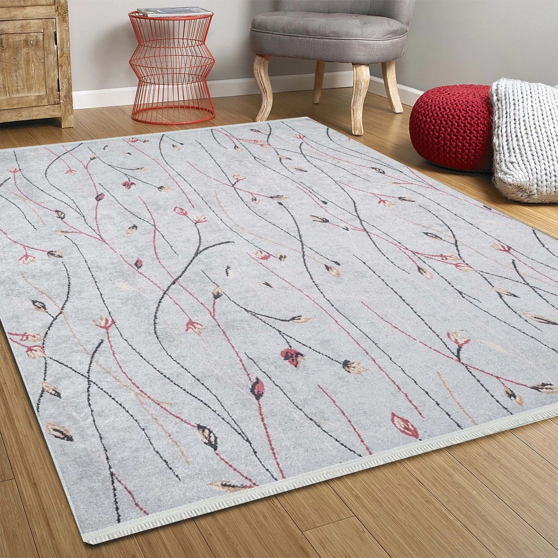 Gri Minimalist Çiçek Desenli Halı