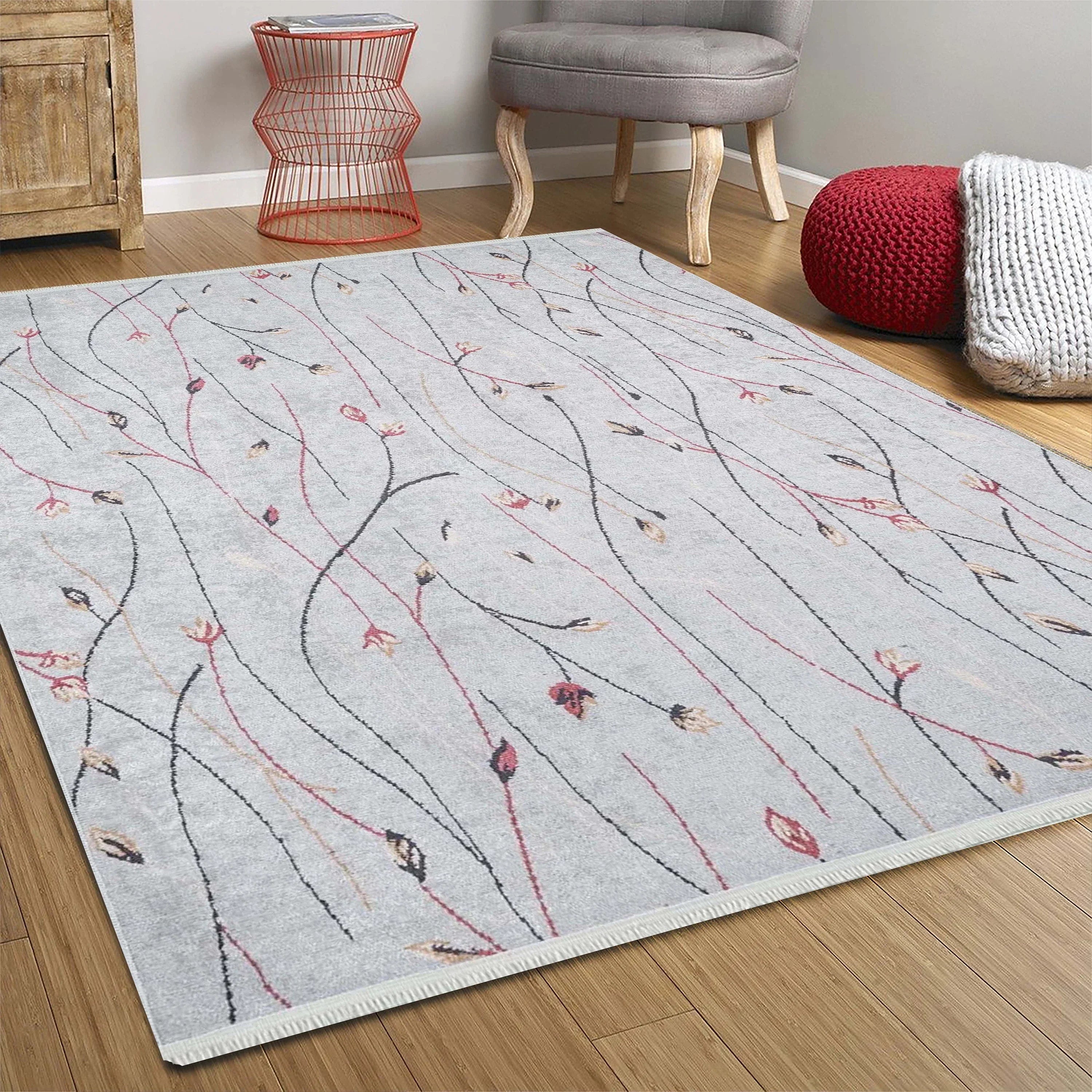 Gri Minimalist Çiçek Desenli Halı