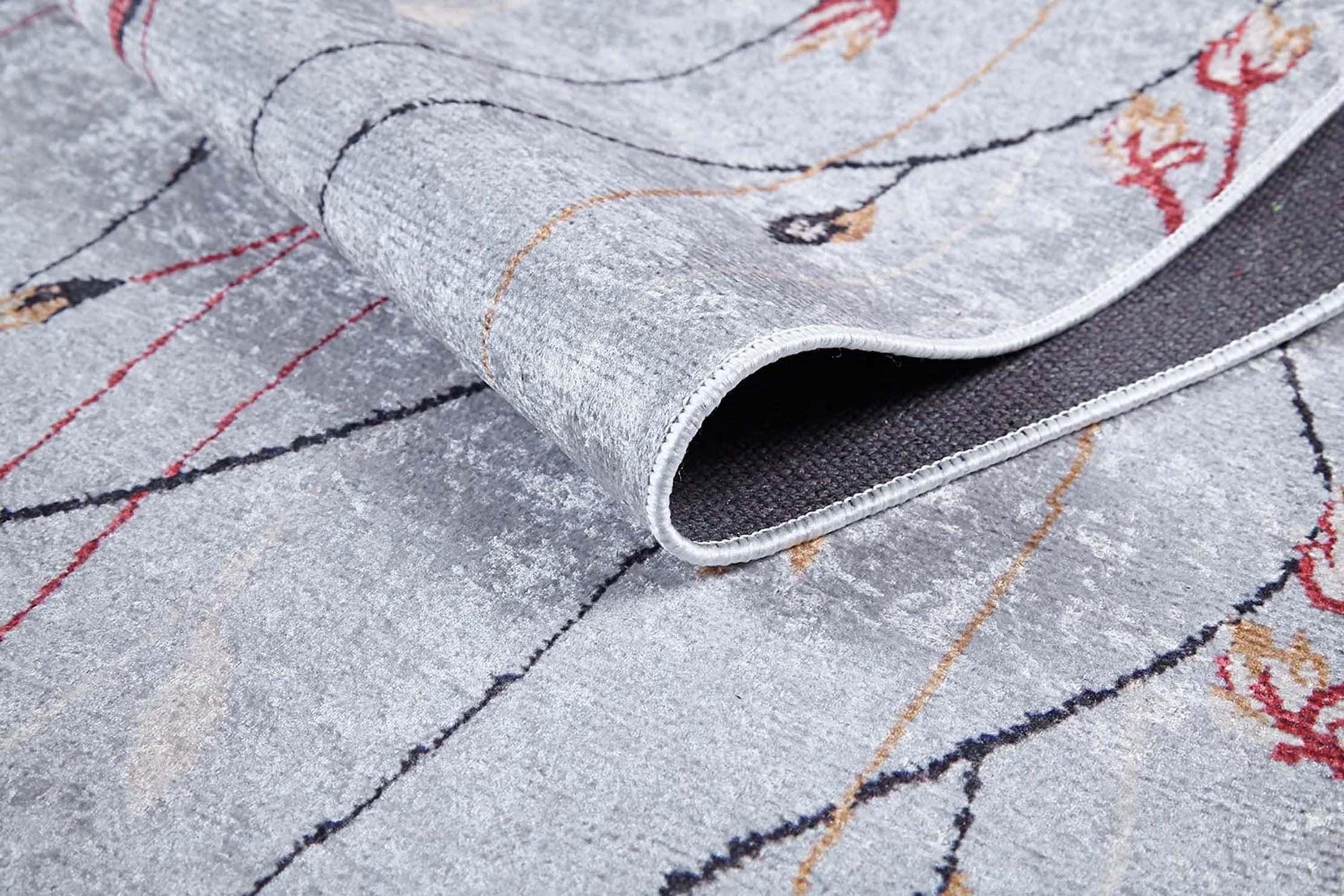 Gri Minimalist Çiçek Desenli Halı