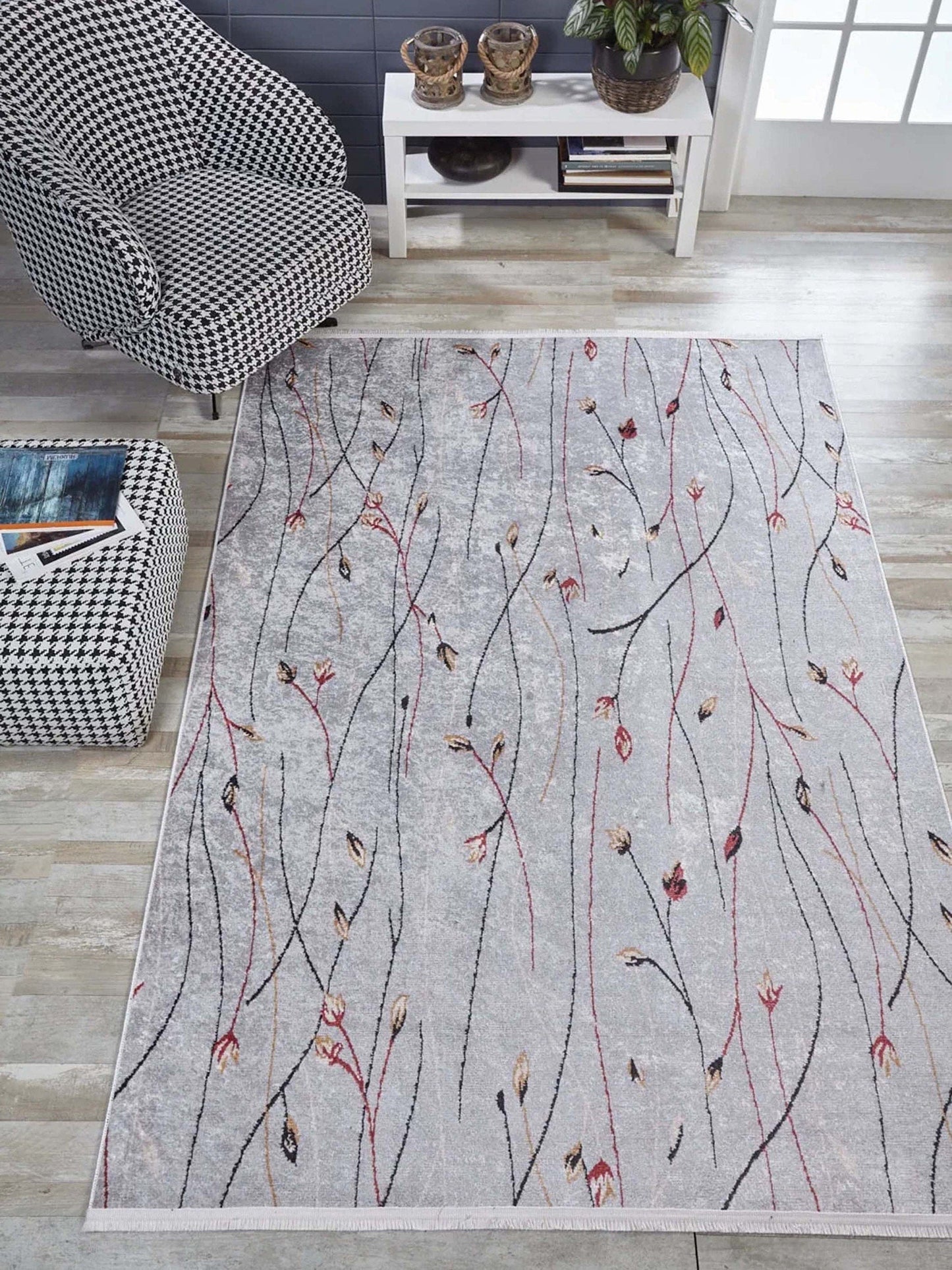 Gri Minimalist Çiçek Desenli Halı - Pera Halı