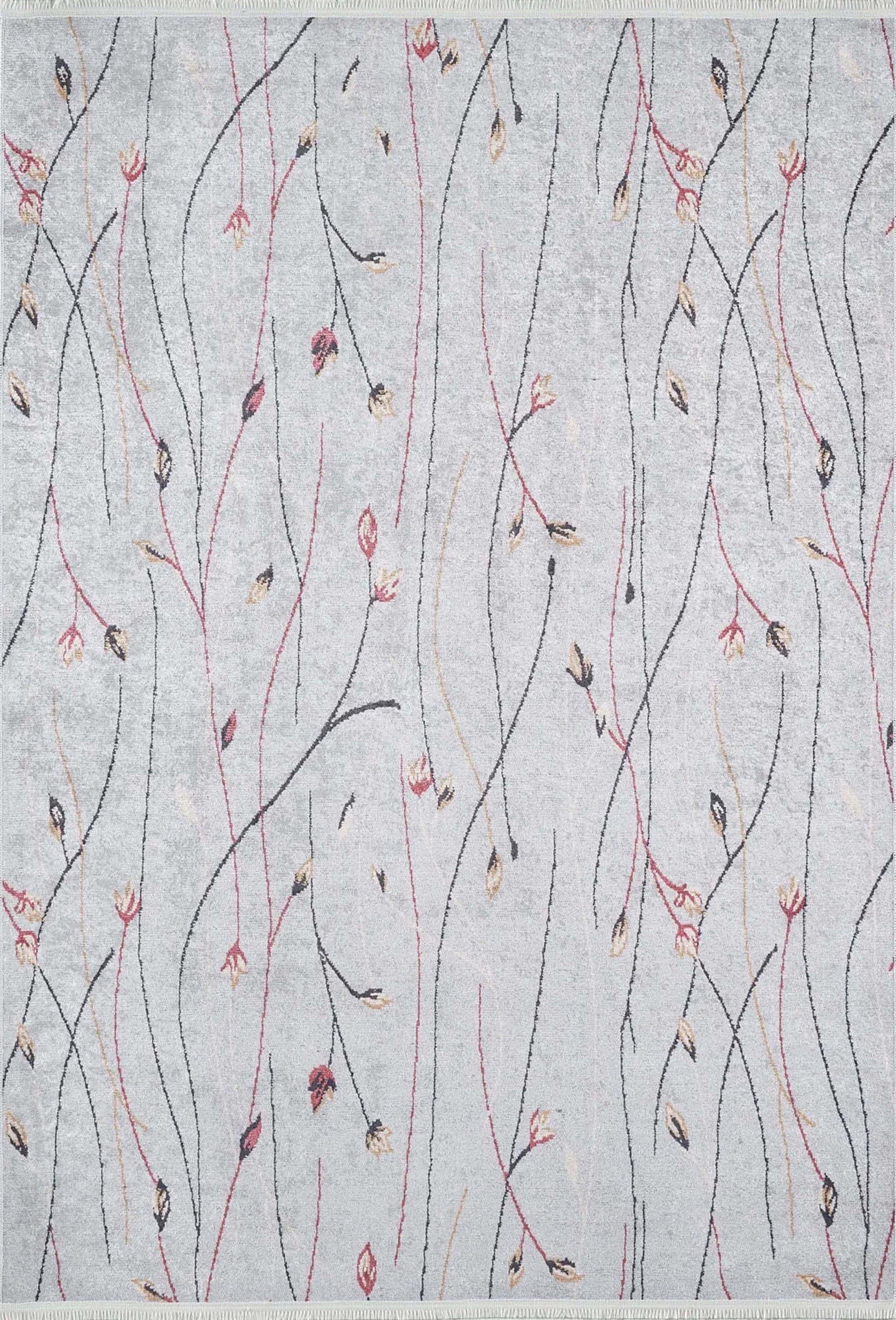 Gri Minimalist Çiçek Desenli Halı - Pera Halı