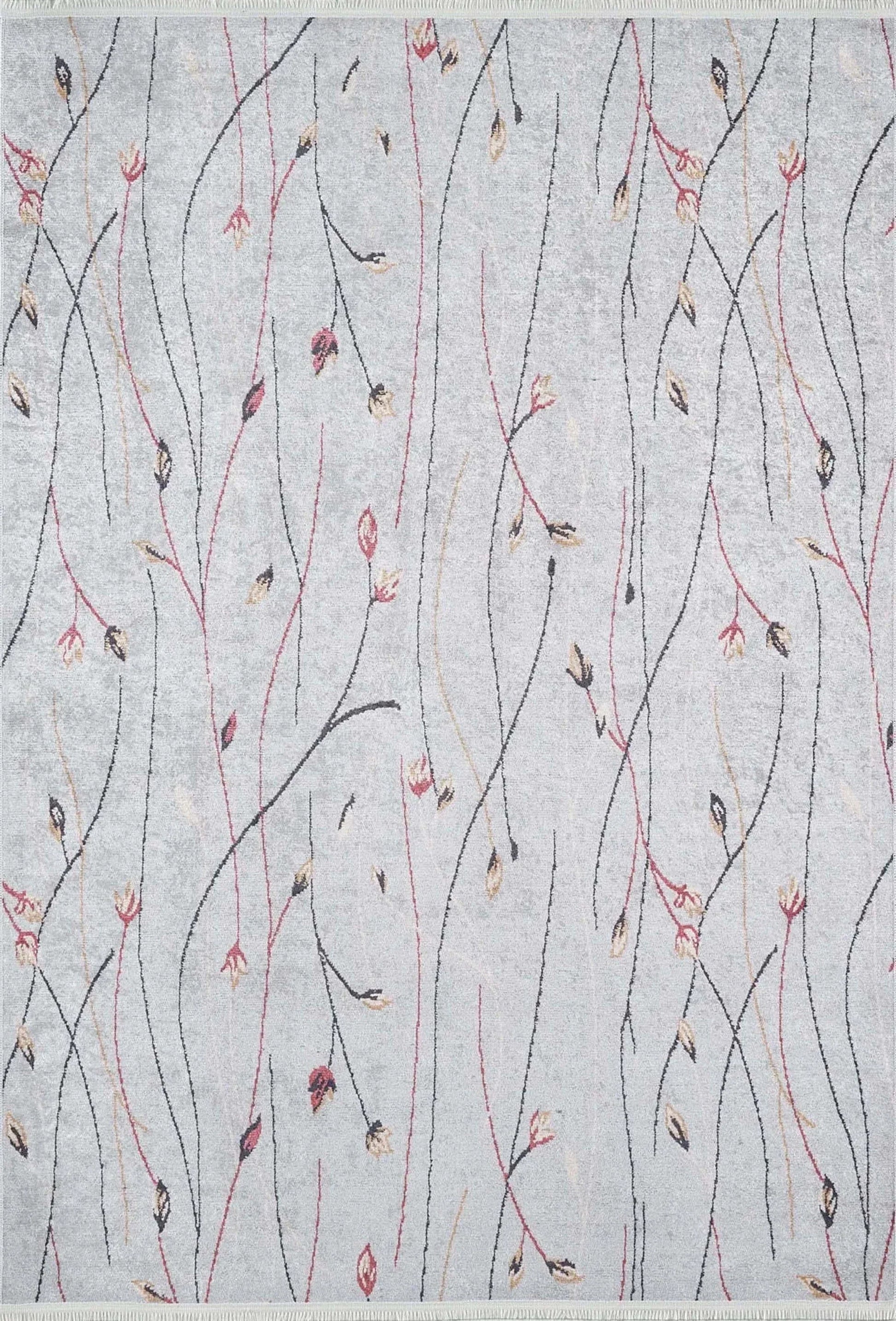 Gri Minimalist Çiçek Desenli Halı