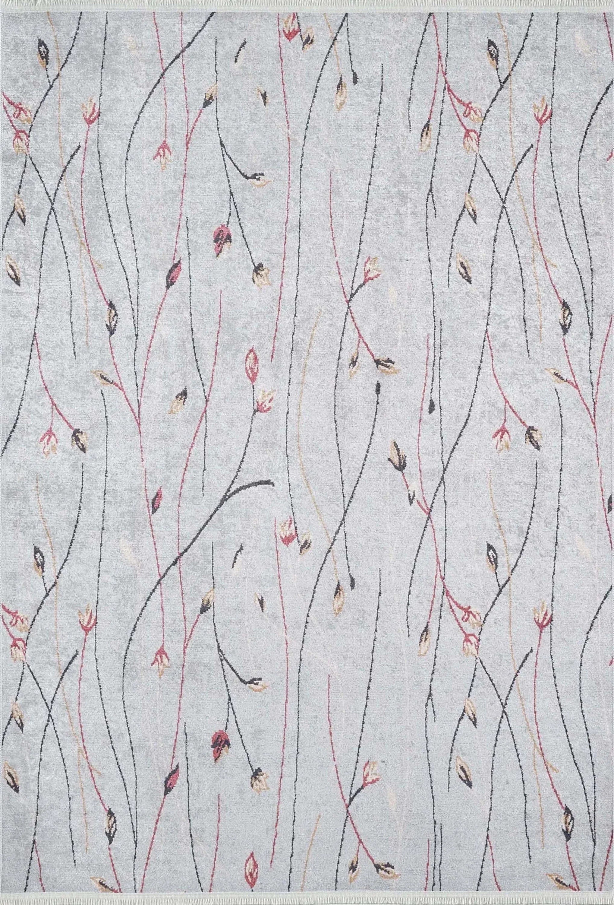 Gri Minimalist Çiçek Desenli Halı