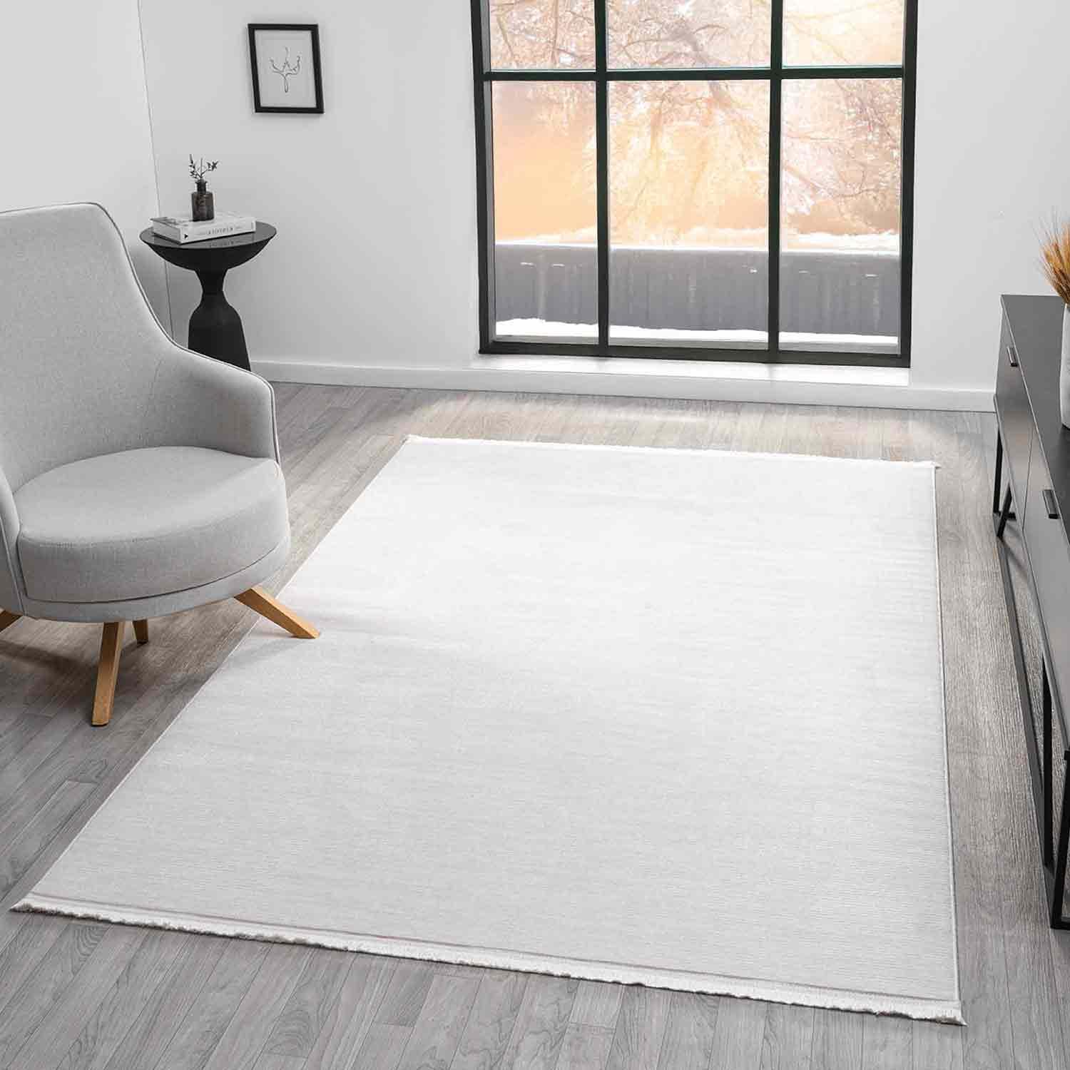 Flacher Creme horizontal gestreifter moderner Teppich