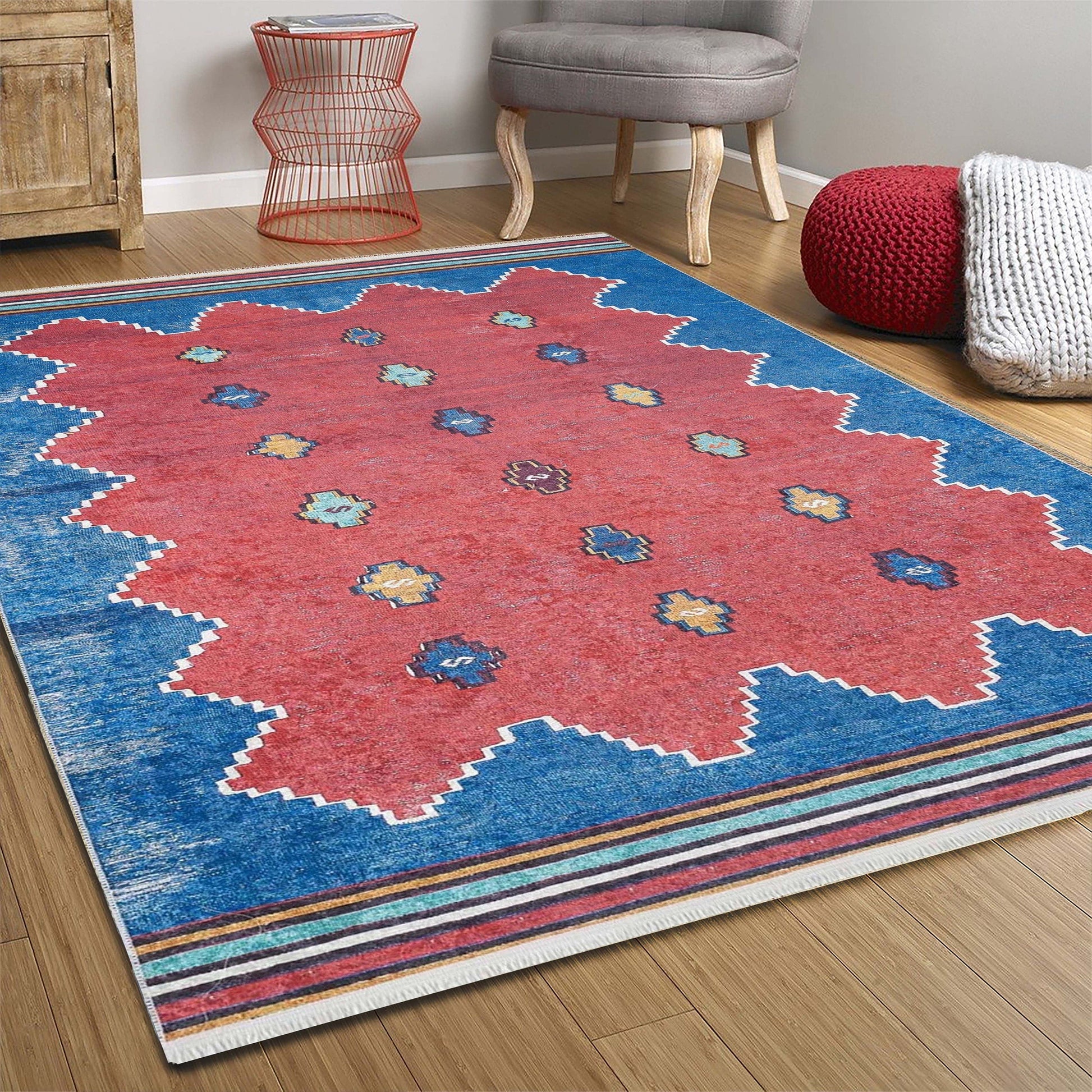 Kırmızı Mavi Geometrik Desenli Düz Dokuma Kilim Halı - Pera Halı