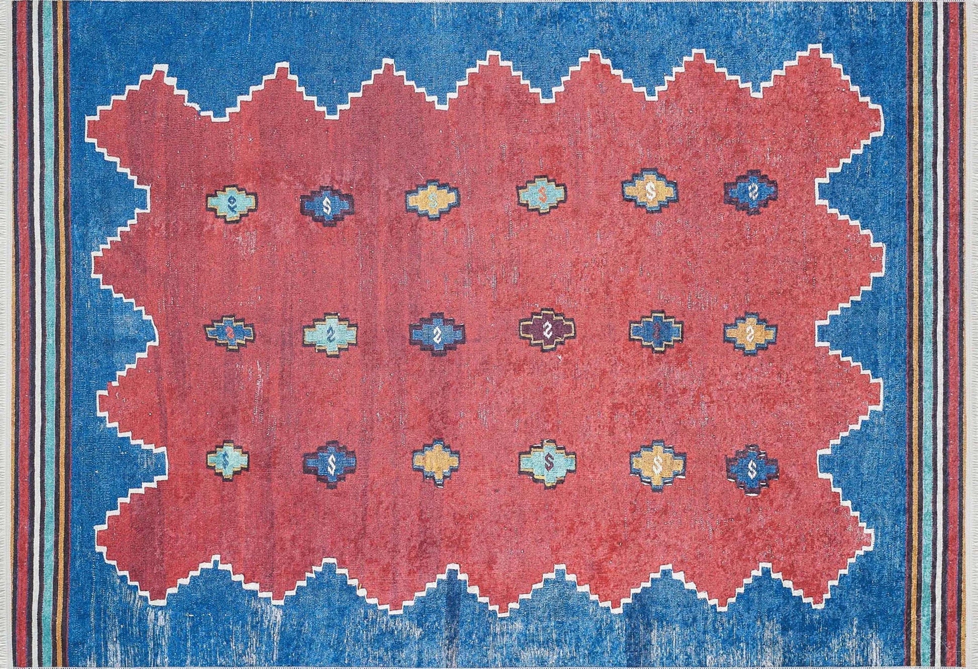 Kırmızı Mavi Geometrik Desenli Düz Dokuma Kilim Halı - Pera Halı