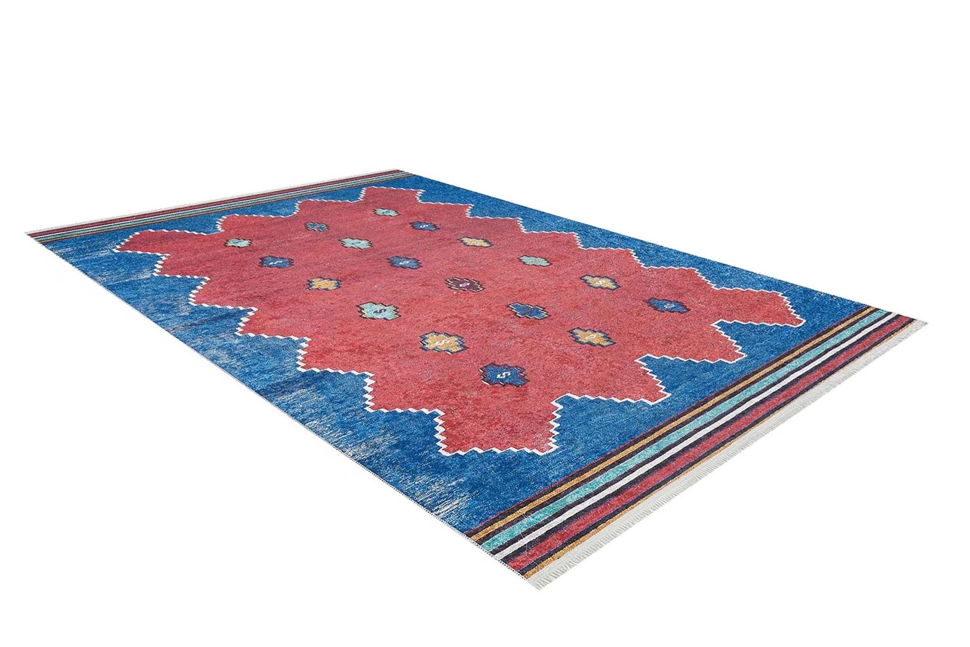 Kırmızı Mavi Geometrik Desenli Düz Dokuma Kilim Halı - Pera Halı