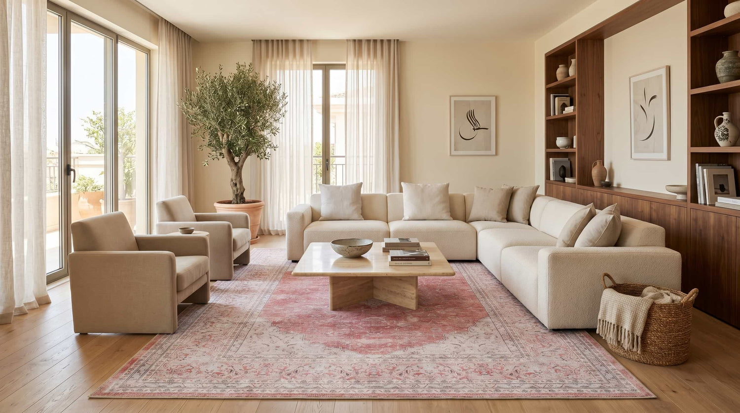 Geleneksel Floral Madalyon Desenli Pembe ve Gri Eskitme Halı - AR1008CP - Pera Halı