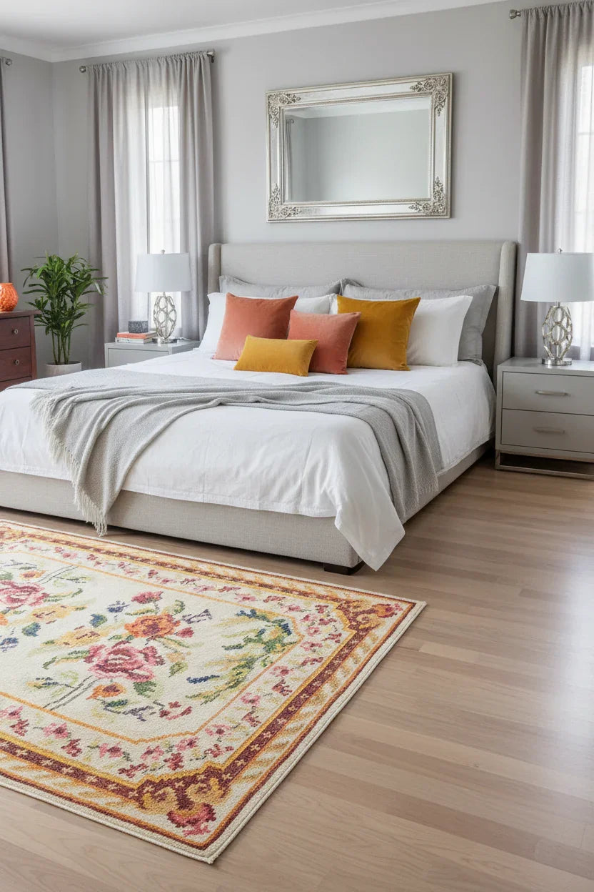 Karabağ Tarzı Bej Çiçek Desenli Halı