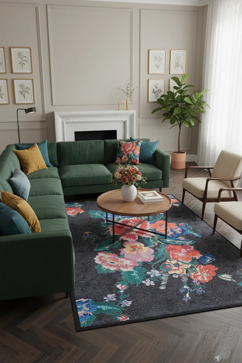 Karabağ Gül Desenli Siyah Halı