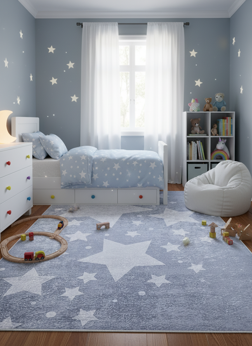 Star Patterned Gray Children's Rug