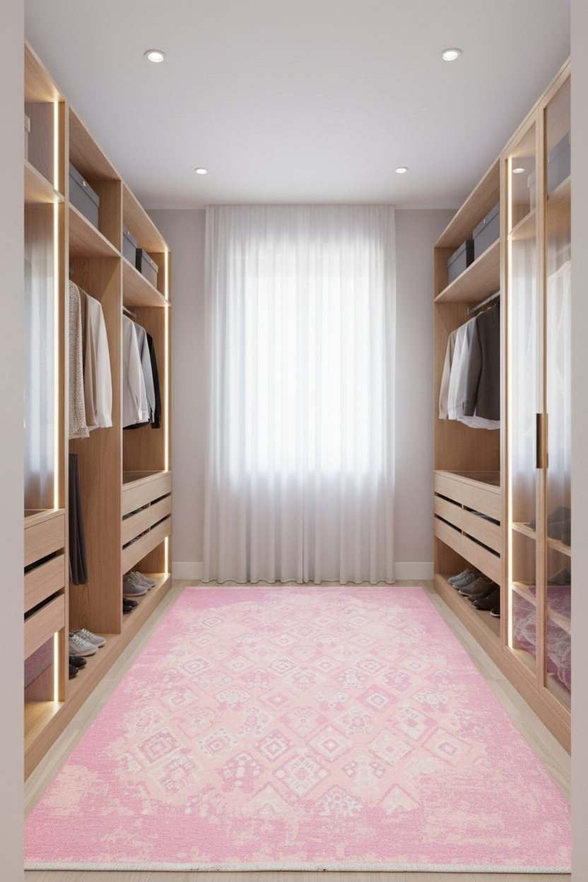 Pembe Çift Taraflı Modern Vintage Yıkanabilir Antibakteriyel Halı