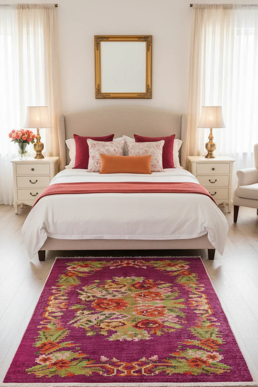 Soho Karabağ Dekoratif Bohem Çiçekli Pembe Kilim Halı