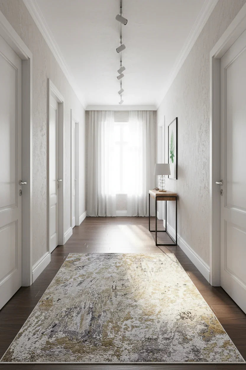 Bej, Altın ve Gri Tonlarda Modern Lüks Soyut Sanat Halısı