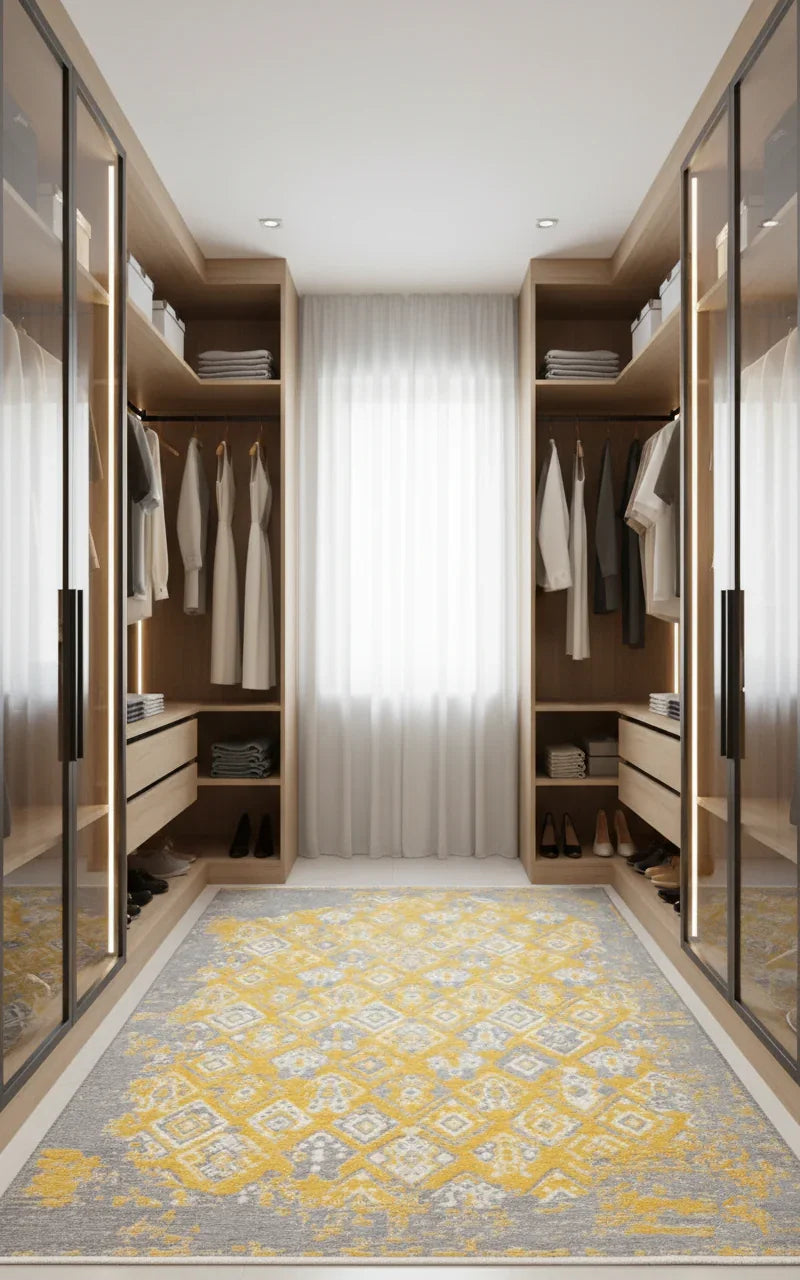 Gri Sarı Çift Taraflı Modern Vintage Yıkanabilir Antibakteriyel Halı