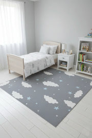 Bulut ve Yıldız Desenli Gri Yıkanabilir Çocuk Halısı