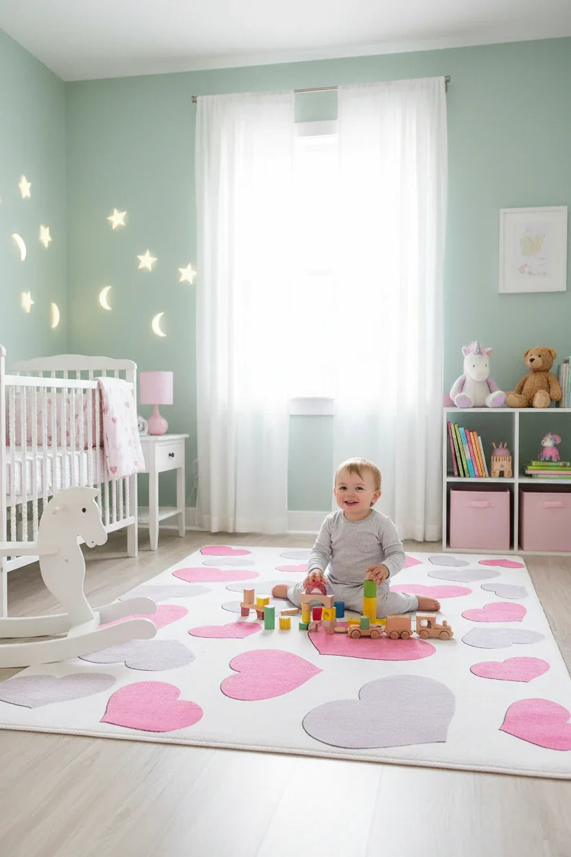 Kalp Desenli Pembe Çocuk Halısı