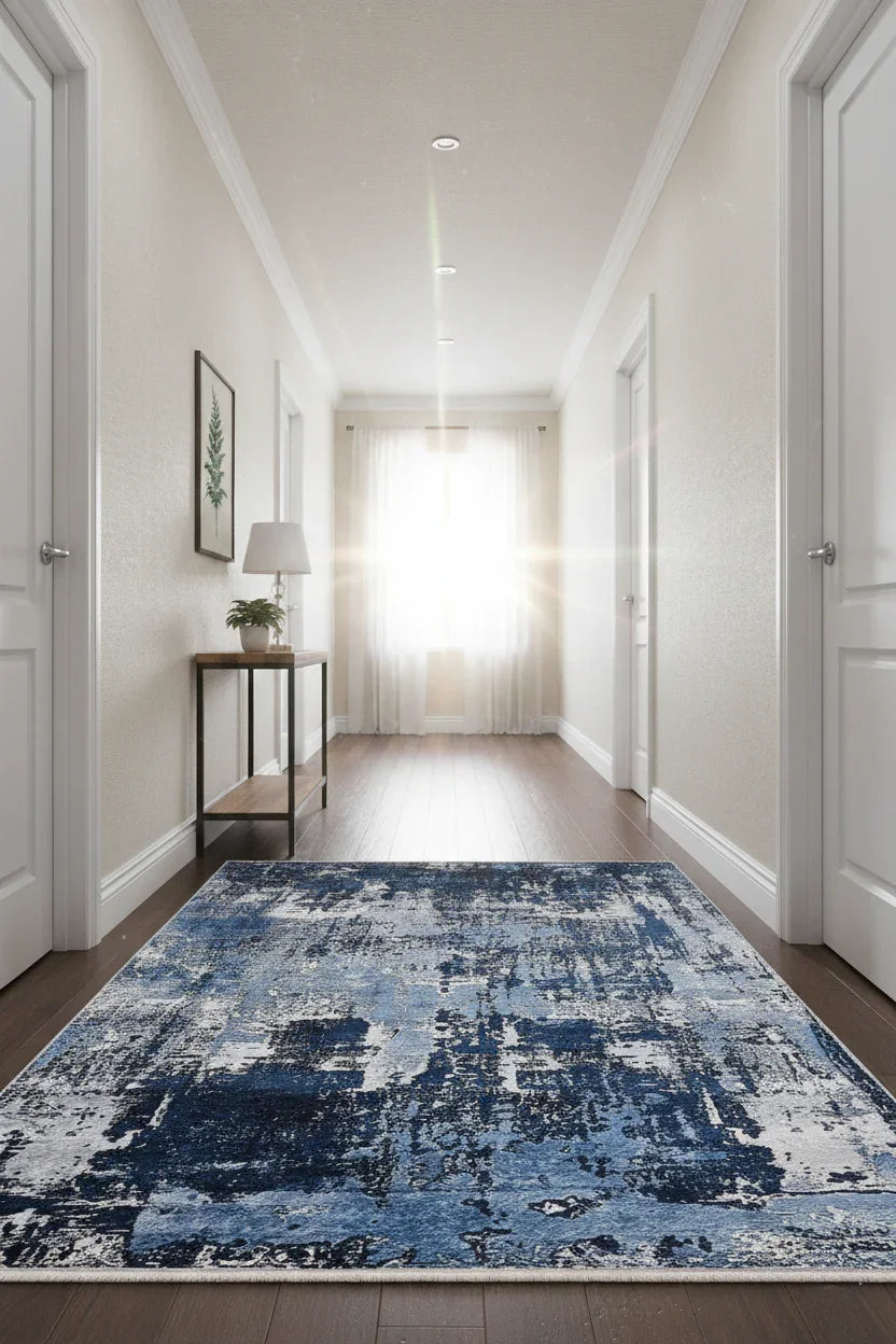 Lacivert ve Beyaz Yoğun Modern Soyut Sanat Halısı