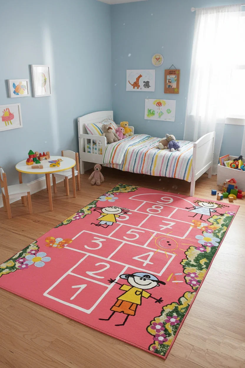 Pembe Seksek Desenli Çizgi Karakterli Yıkanabilir Çocuk Halısı