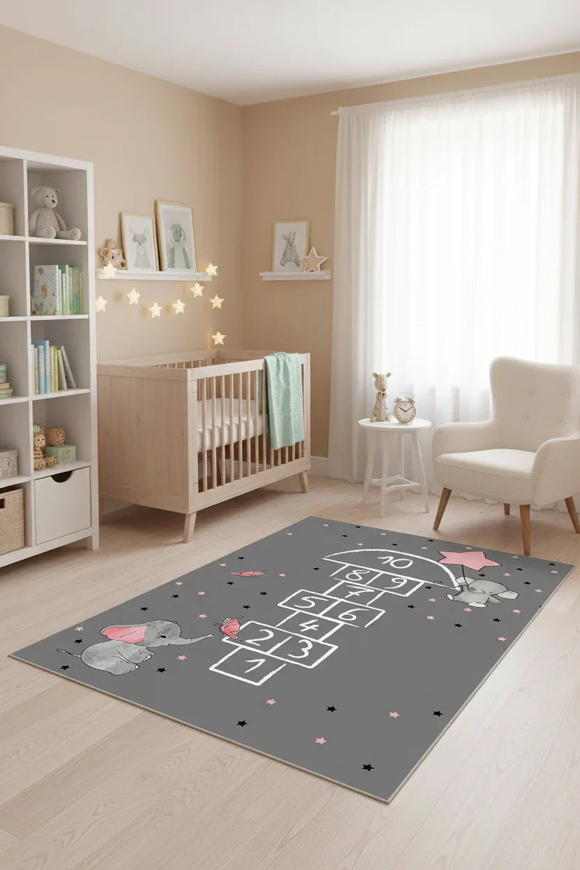 Filler ve Seksek Gri Çocuk Oyun Halısı