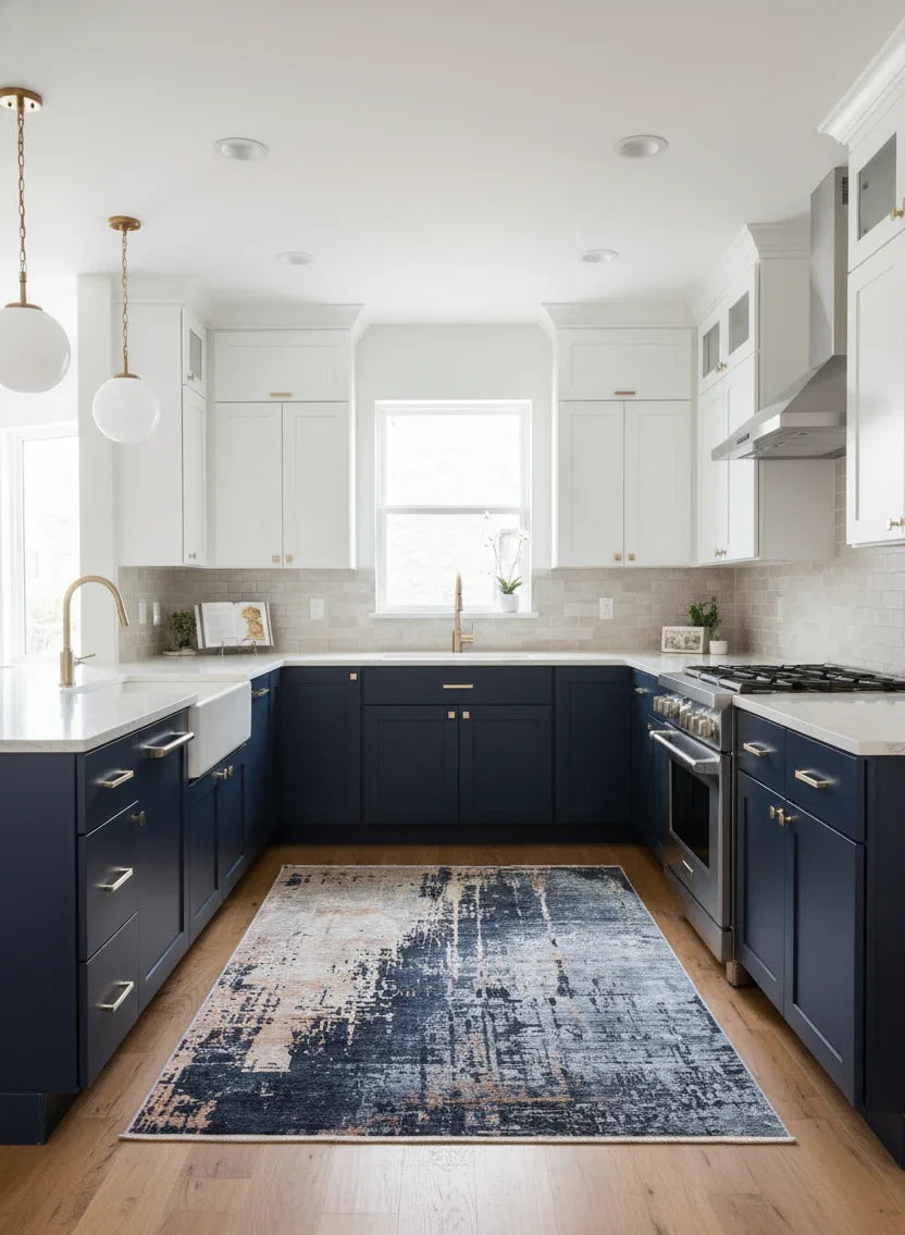 Mavi Füme ve Bej Tonlarında Modern Soyut Sanat Halısı