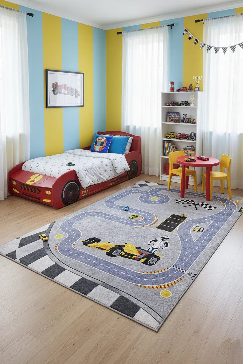 Formula 1 Desenli Gri Çocuk Odası Halısı