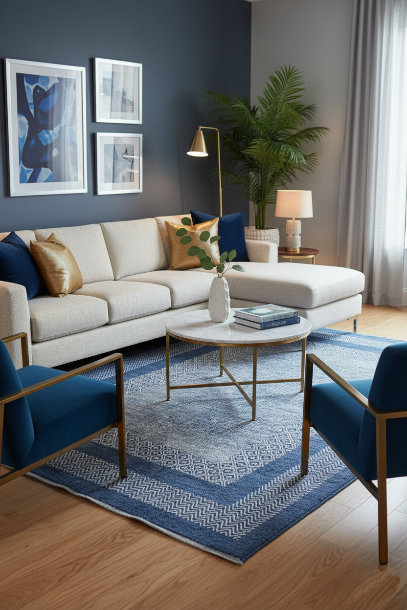 Mavi Modern Yıkanabilir Antibakteriyel Salon Halısı