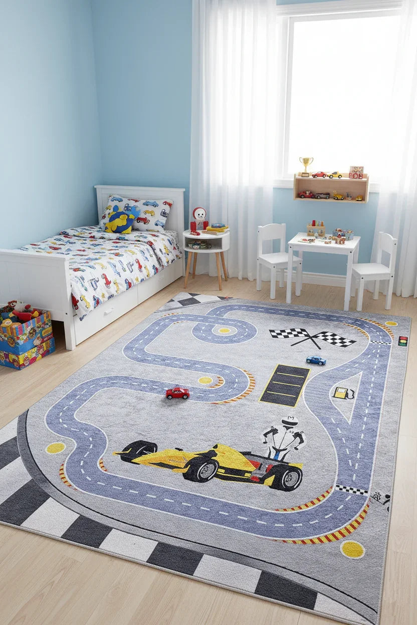 Formula 1 Desenli Gri Çocuk Odası Halısı