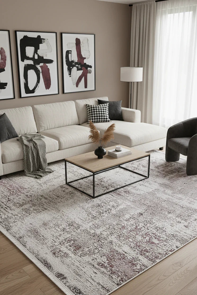 Krem, Bordo ve Gri Modern Soyut Sanat Halısı