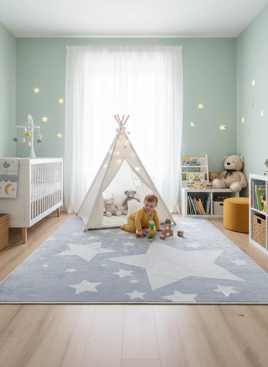 Yıldız Desenli Gri Çocuk Halısı