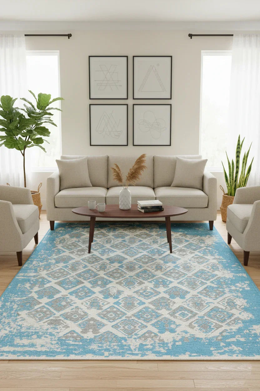 Mavi Gri Çift Taraflı Modern Vintage Yıkanabilir Antibakteriyel Halı