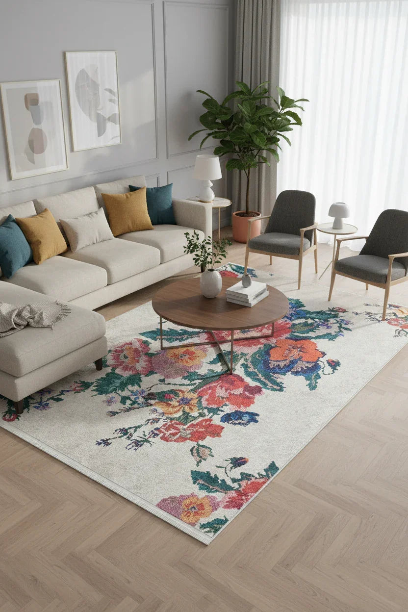 Karabağ Beyaz Çiçekli Dekoratif Halı