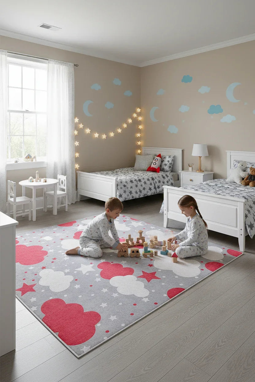 Bulut Yıldız Gri Kırmızı Çocuk Halısı