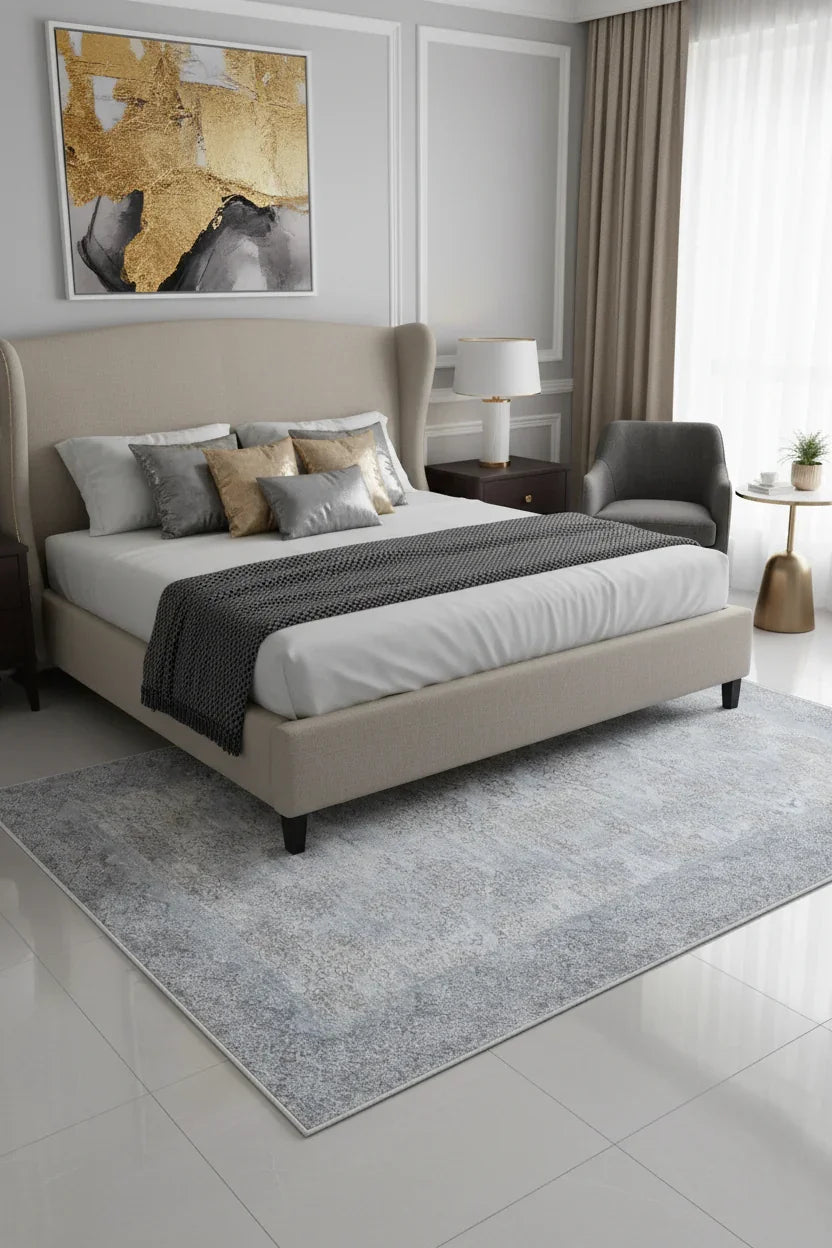 Açık Mavi ve Buz Grisi Gümüş Modern Klasik Eskitme Efektli Yıkanabilir Halı