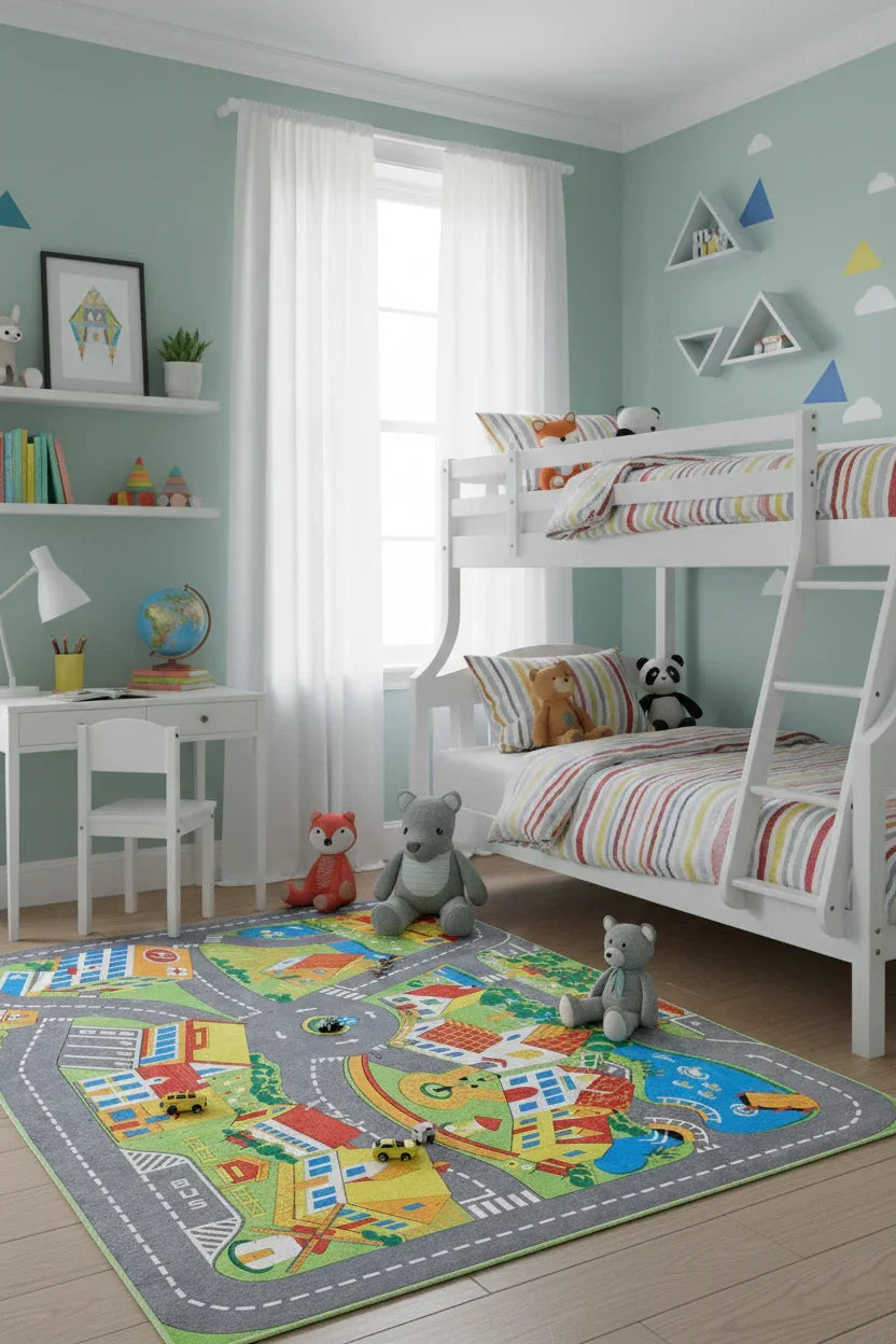 Renkli Şehir ve Yol Desenli Yıkanabilir Çocuk Halısı