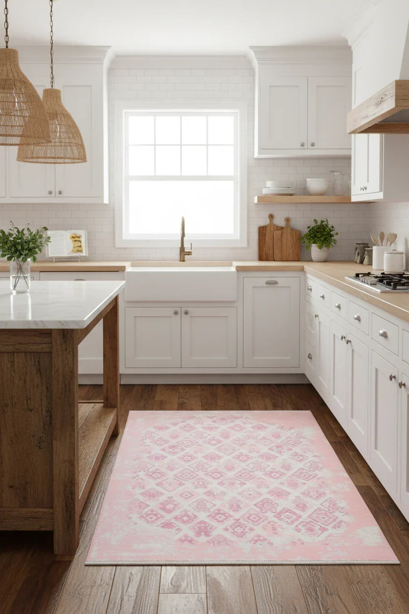 Pembe Çift Taraflı Modern Vintage Yıkanabilir Antibakteriyel Halı