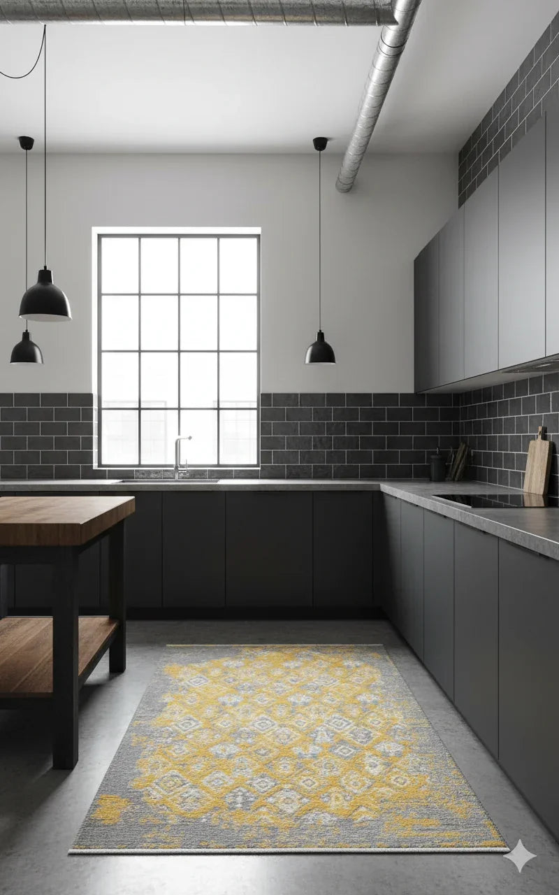 Gri Sarı Çift Taraflı Modern Vintage Yıkanabilir Antibakteriyel Halı