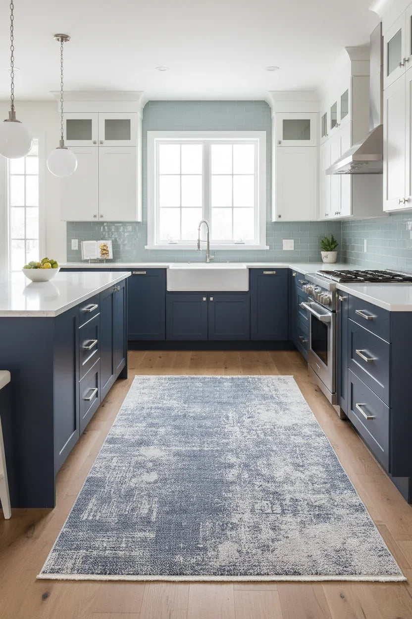 Buz Mavisi ve Beyaz Soyut Sanat Halısı