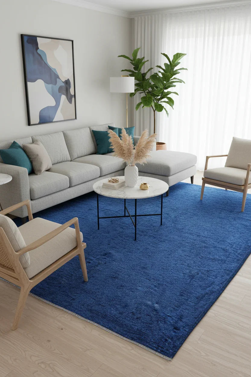 Mavi Modern Düz Yıkanabilir Antibakteriyel Halı
