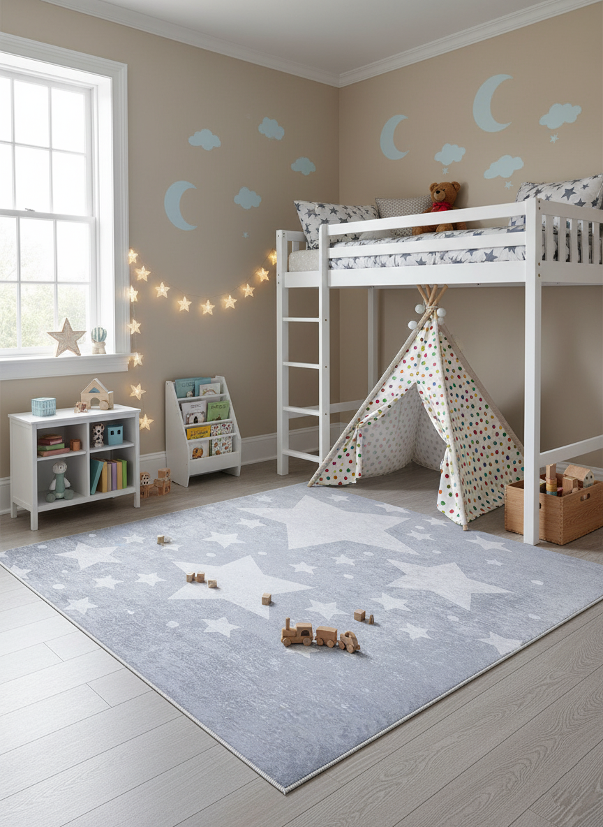 Star Patterned Gray Children's Rug
