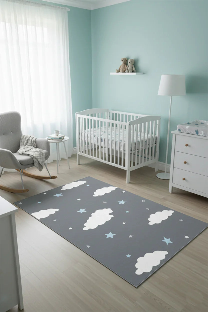 Bulut ve Yıldız Desenli Gri Yıkanabilir Çocuk Halısı