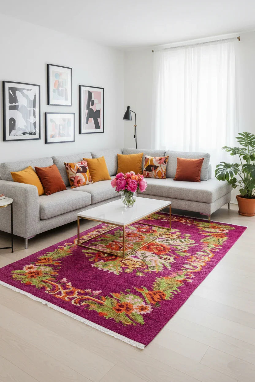 Soho Karabağ Dekoratif Bohem Çiçekli Pembe Kilim Halı