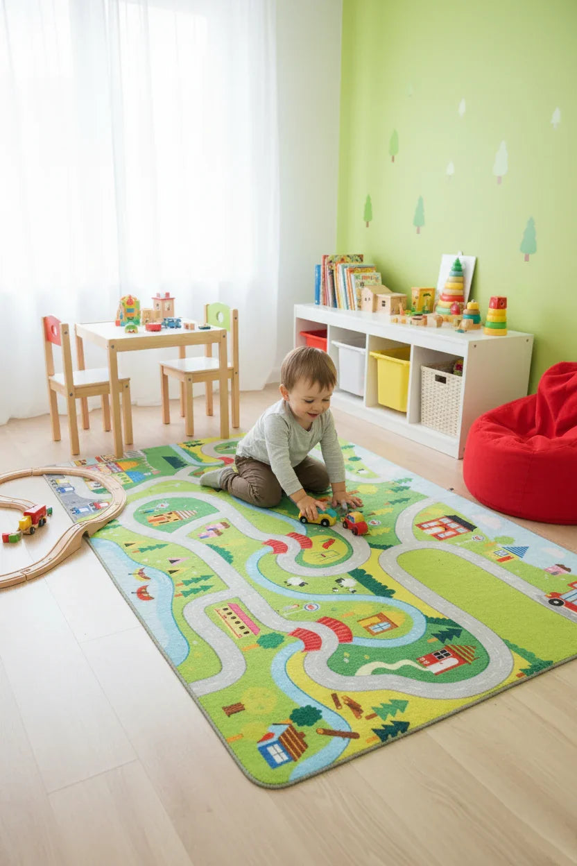 Şehir Haritası Desenli Yeşil Çocuk Halısı