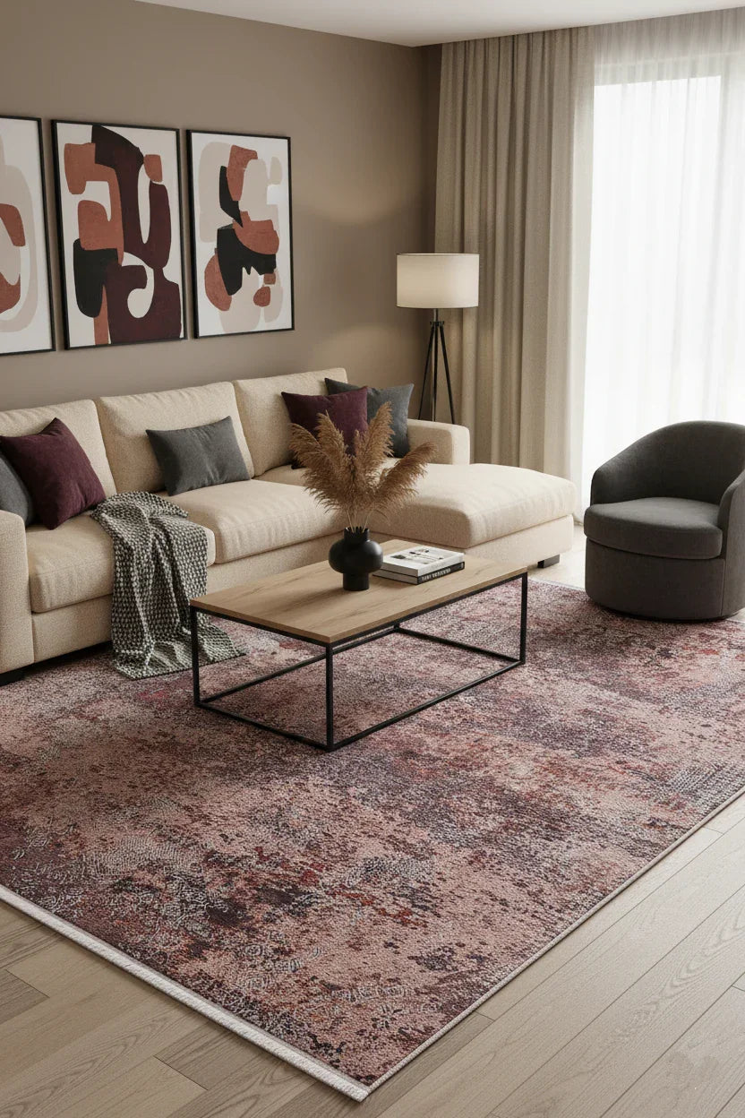 Gül Kurusu ve Bordo Modern Soyut Sanat Halısı