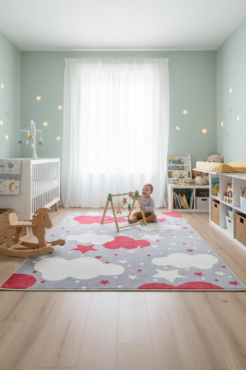 Bulut Yıldız Gri Kırmızı Çocuk Halısı