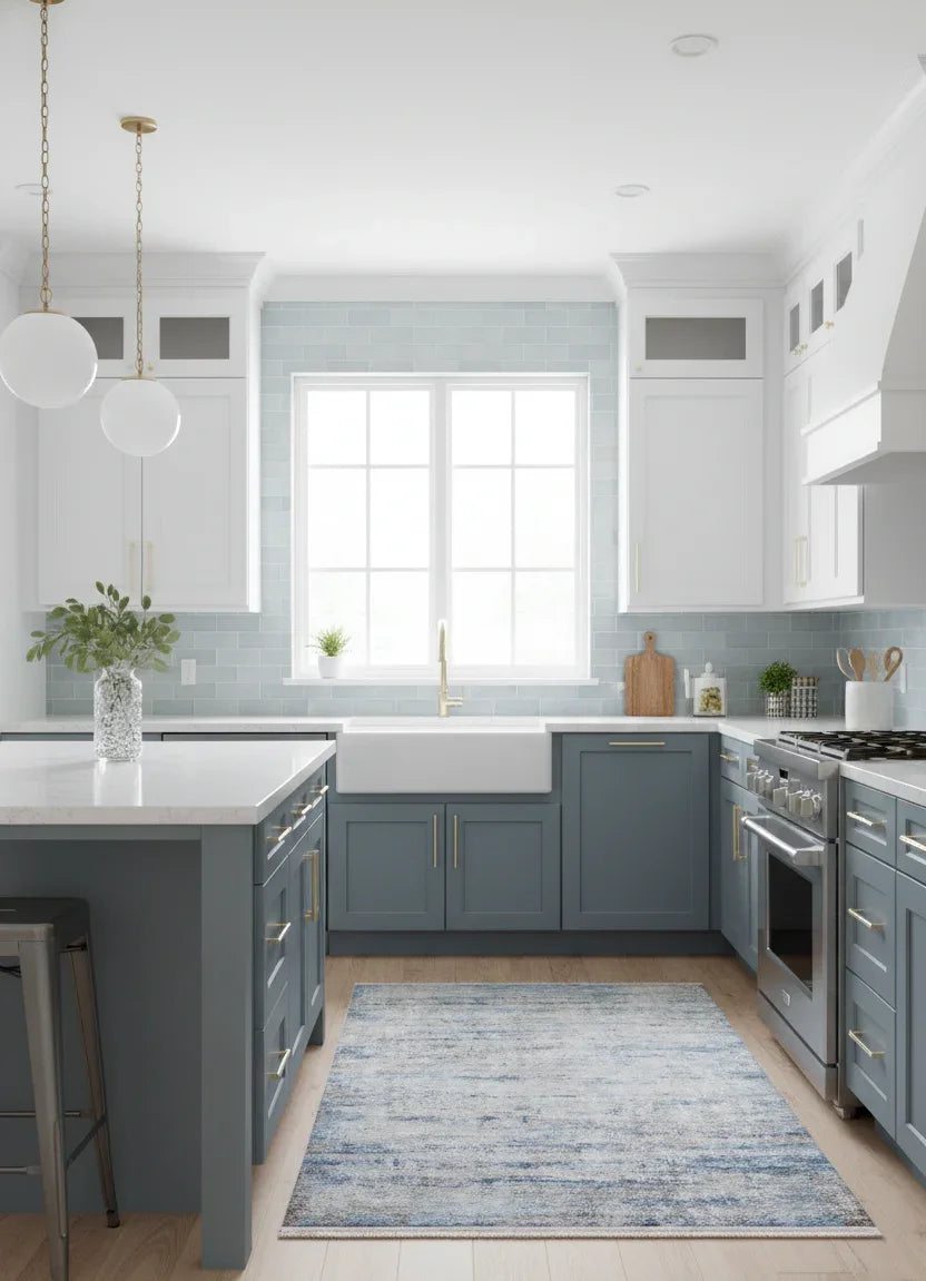 Gri, Bej ve Mavi Modern Soyut Sanat Halısı