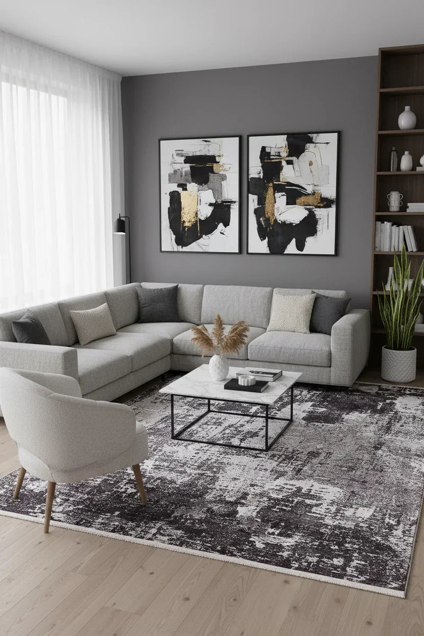 Koyu Füme ve Gri Modern Soyut Sanat Halısı